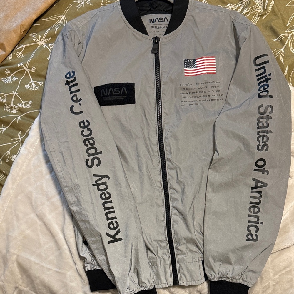 Gray Bomber Jacket With Patches - image 1